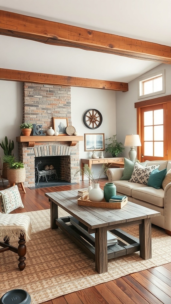 A cozy living room with weathered wood accents, including a wooden coffee table and exposed beams.