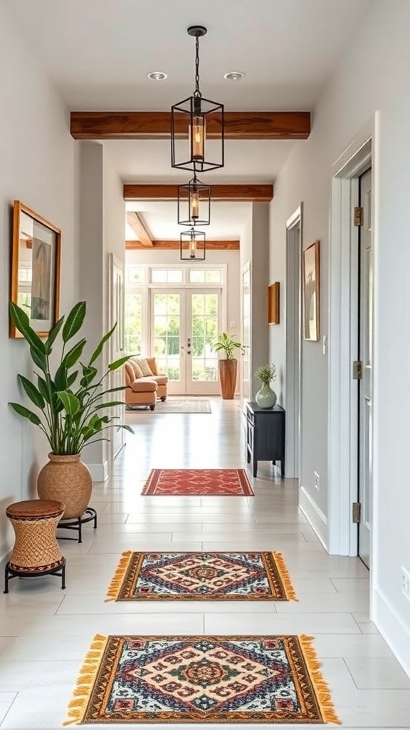 A bright bungalow hallway featuring patterned entry mats, plants, and stylish lighting.