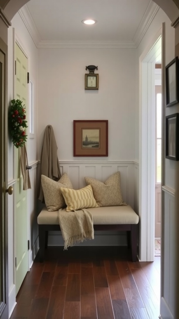 A cozy entryway bench with cushions and a throw, surrounded by warm decor.