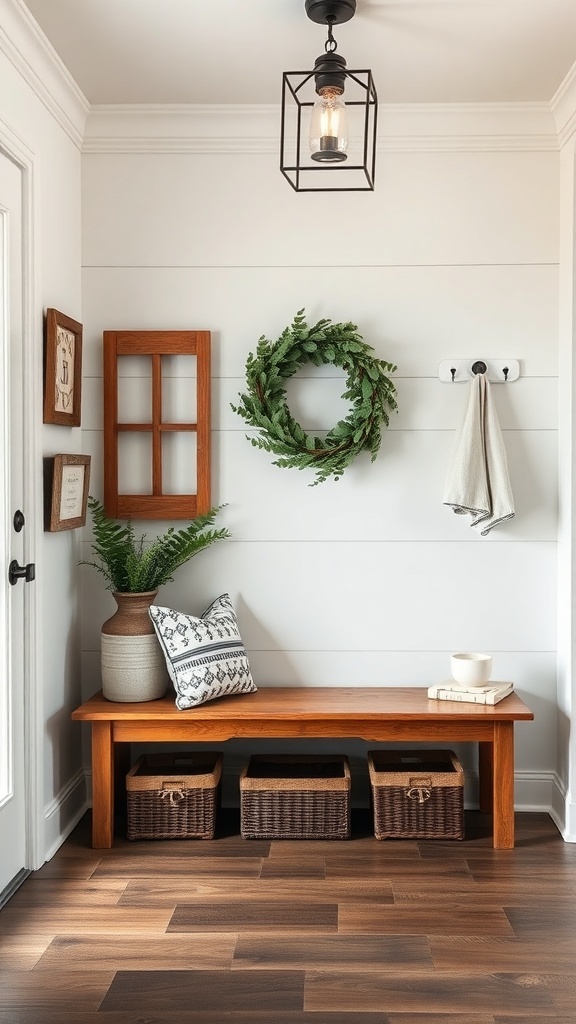 A cozy farmhouse chic entryway featuring a wooden bench, woven baskets, a wreath, and a stylish light fixture.