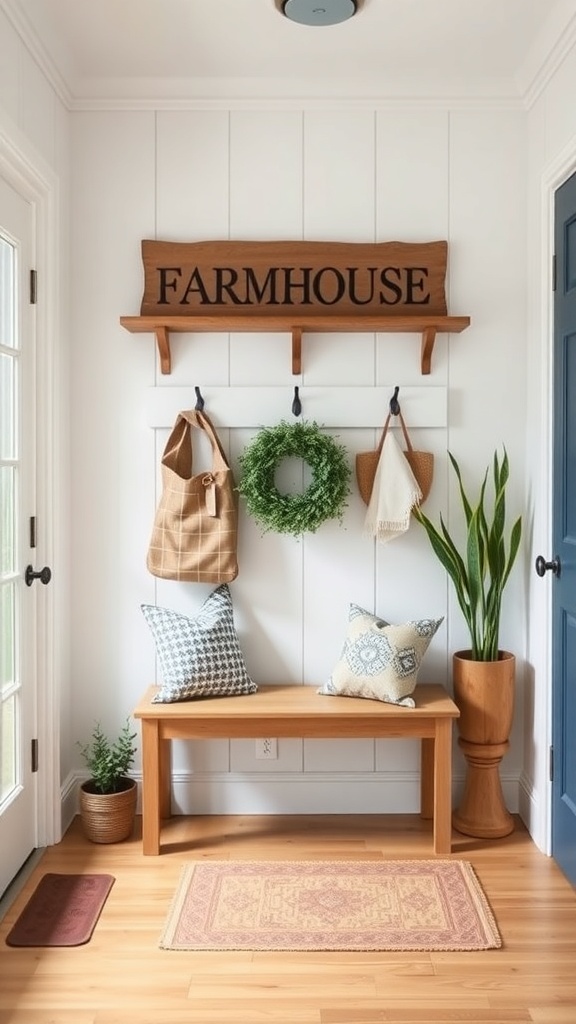 A cozy farmhouse entryway featuring a wooden sign, hooks, a bench with pillows, a wreath, and potted plants.