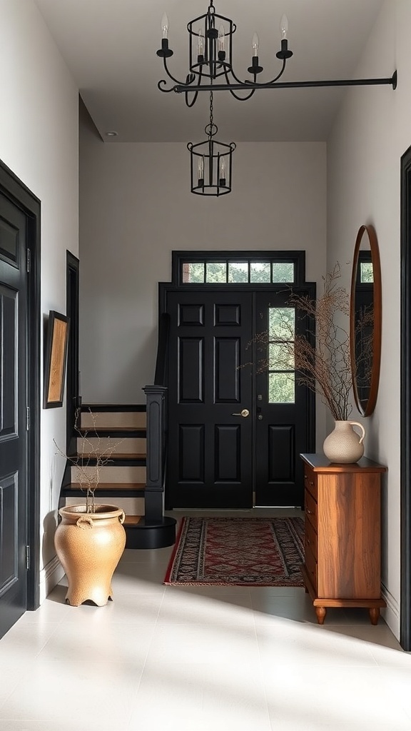 Welcoming entryway featuring a black bannister, chandelier, and stylish decor