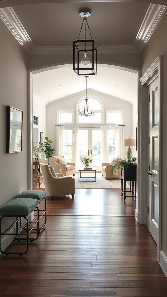 A cozy entryway leading to a Southern living room with a bench, chandelier, and large windows.