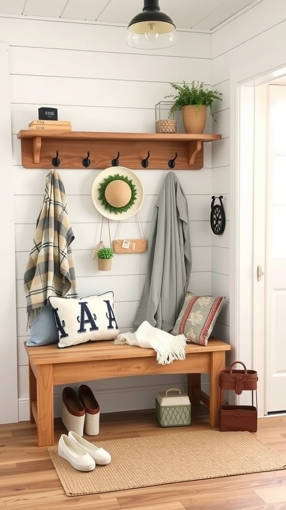 A cozy entryway featuring a wooden bench, hooks for coats, and decorative elements.