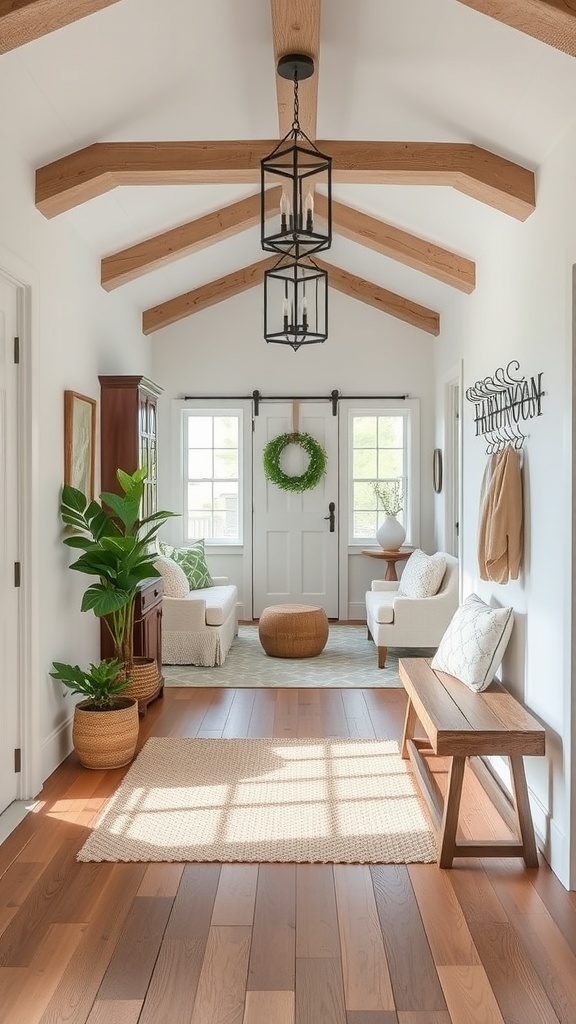 A bright and cozy farmhouse entryway with wooden beams, a bench, and plants.