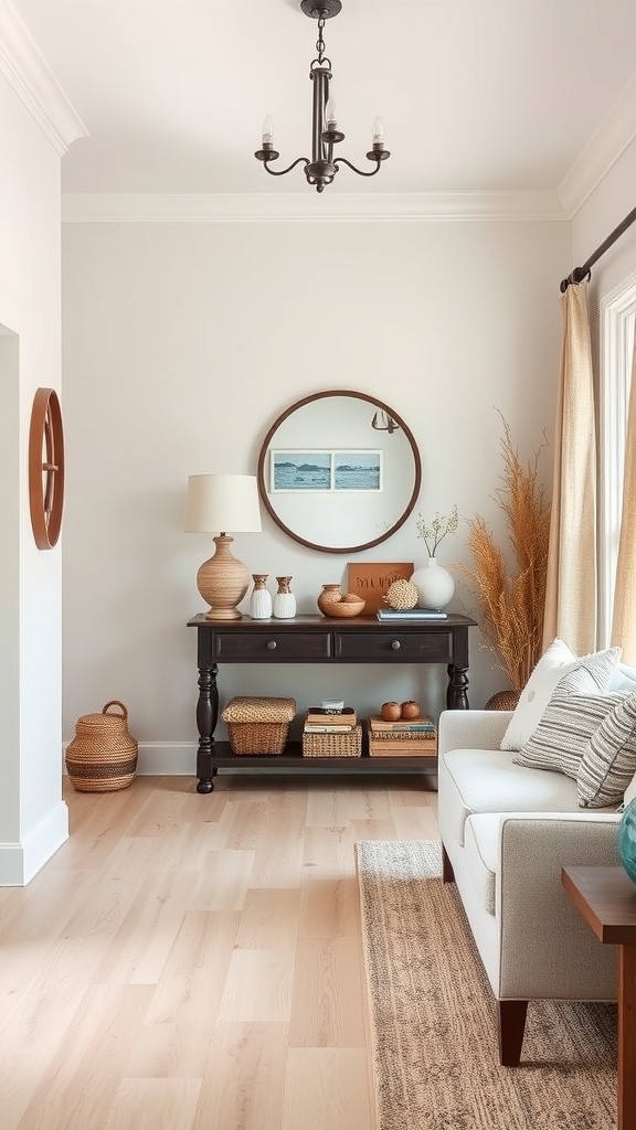 A cozy entryway featuring a console table with decorative items, soft lighting, and natural elements.