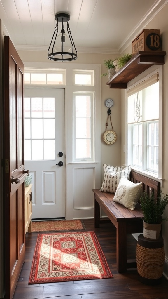 A cozy entryway featuring a wooden bench, plants, and rustic decor.