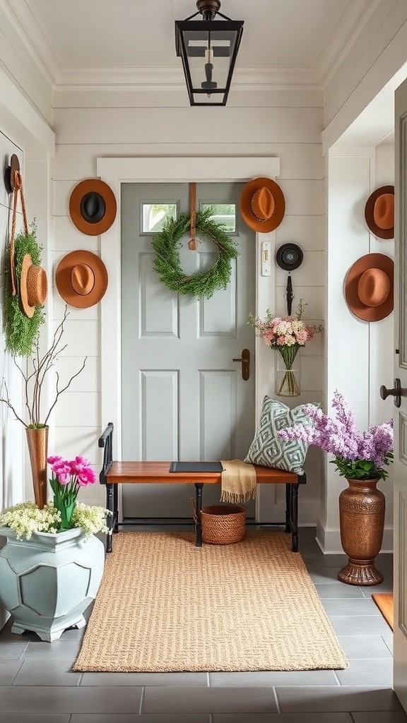 A welcoming Southern-style entryway featuring a gray door, hats on the wall, a wreath, flowers, and a bench.
