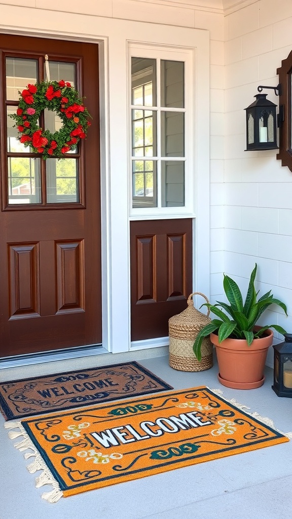 A welcoming entryway with two colorful floor mats, a wreath on the door, and a potted plant.