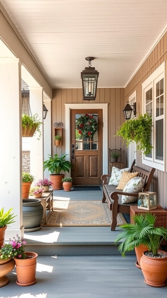 A welcoming front porch with a wooden door, wreath, lanterns, a bench with cushions, and various potted plants.