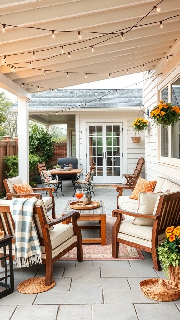 Cozy outdoor patio with wooden chairs, a coffee table, and string lights.