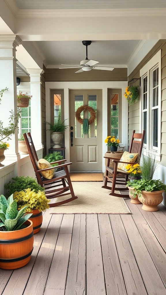 Welcoming porch featuring rocking chairs, potted plants, and a cozy rug.
