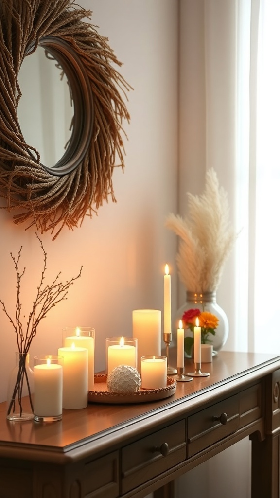 A stylish entryway with various candles arranged on a wooden console table, creating a warm and inviting atmosphere.