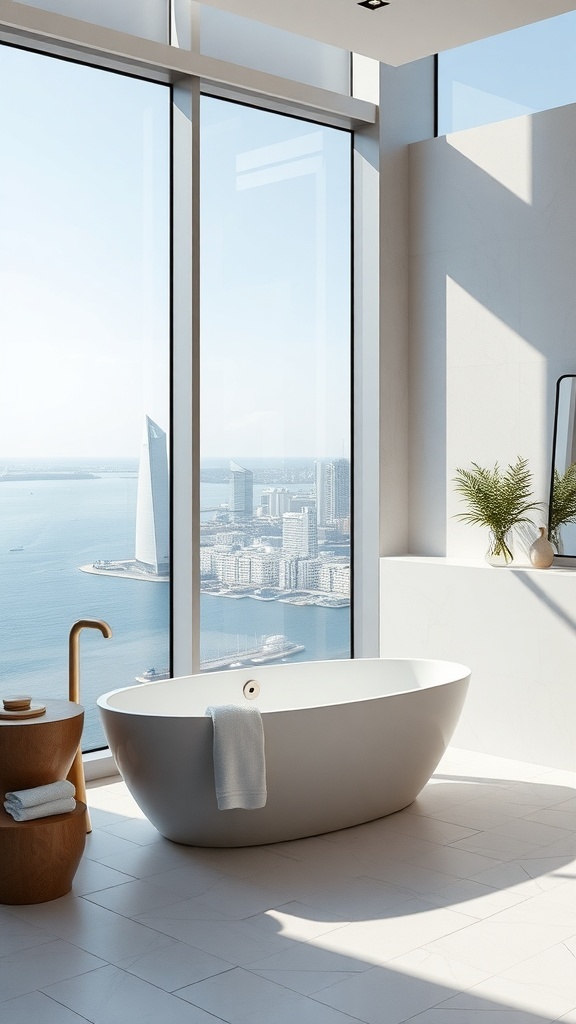 Moderne freistehende Badewanne mit Blick auf die Stadt und das Wasser