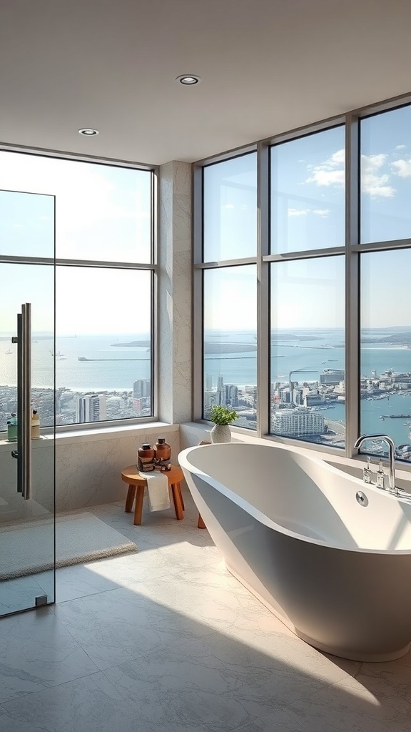 Modernes Wellness-Bad mit Walk-In-Dusche und großen Fenstern