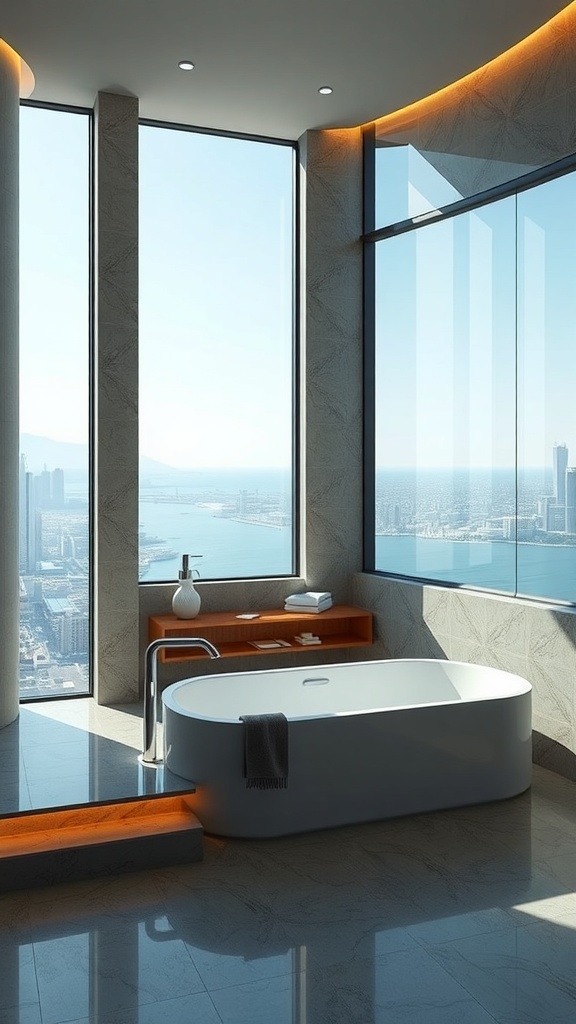 Modernes Badezimmer mit freistehender Badewanne und großen Fenstern mit Stadtblick
