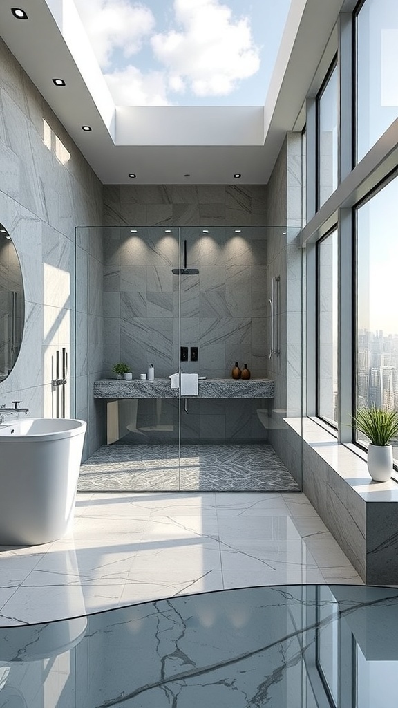 Modernes Badezimmer mit Pflanzen und Blick auf die Stadt