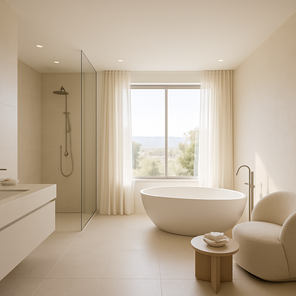 Modernes Wellness-Bad mit freistehender Badewanne und großen Fenstern