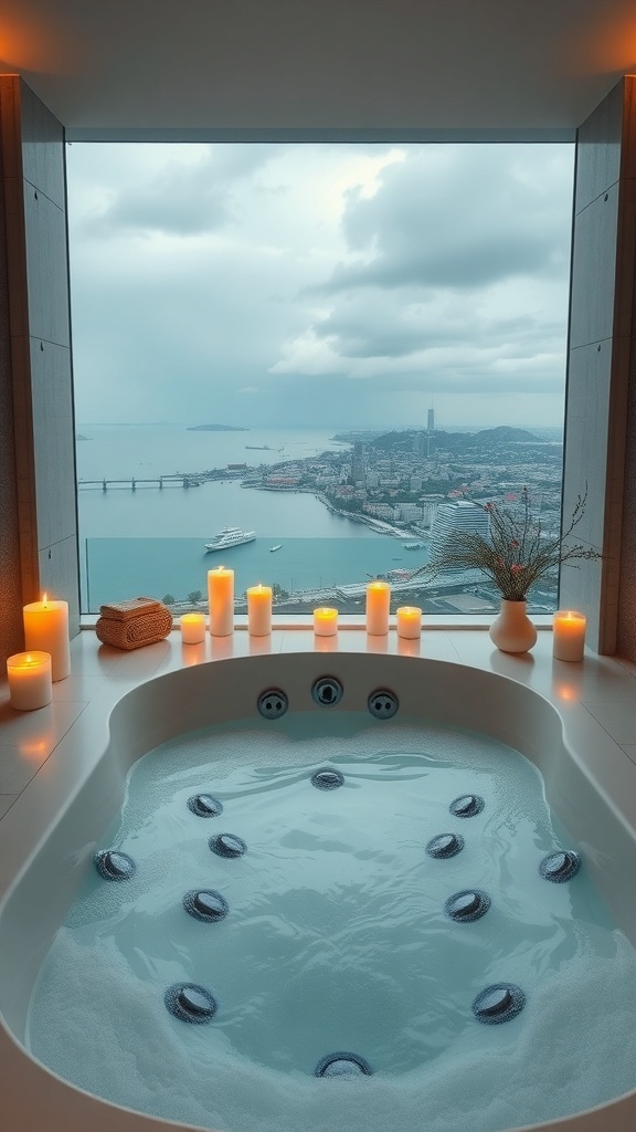 Luxuriöse Badewanne mit Massagefunktionen und Blick auf die Stadt
