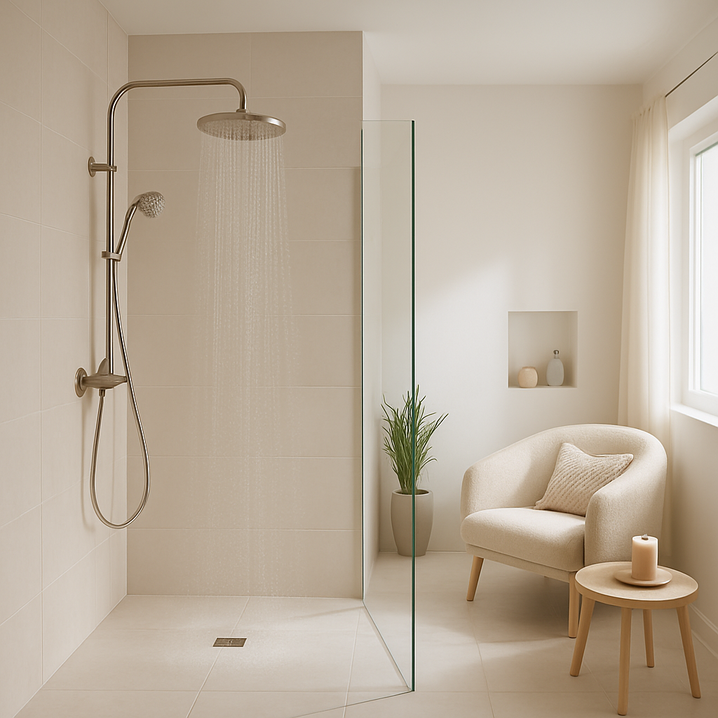 Moderne Walk-In-Dusche mit Regendusche und entspannendem Wellness-Bereich