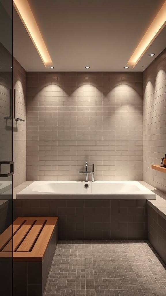 Modernes Badezimmer mit Dampfbad und Holzbank