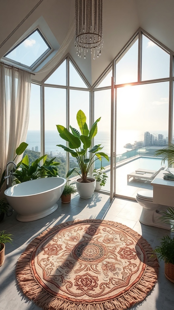 Luxus Spa Badezimmer mit Pflanzen und Meerblick