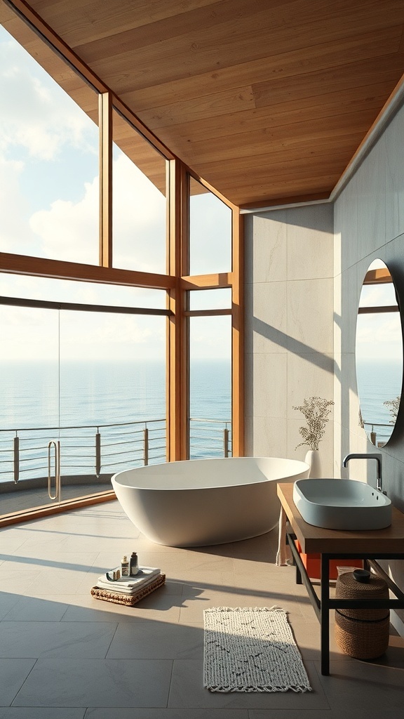 Modernes Badezimmer mit Meerblick und minimalistischer Einrichtung