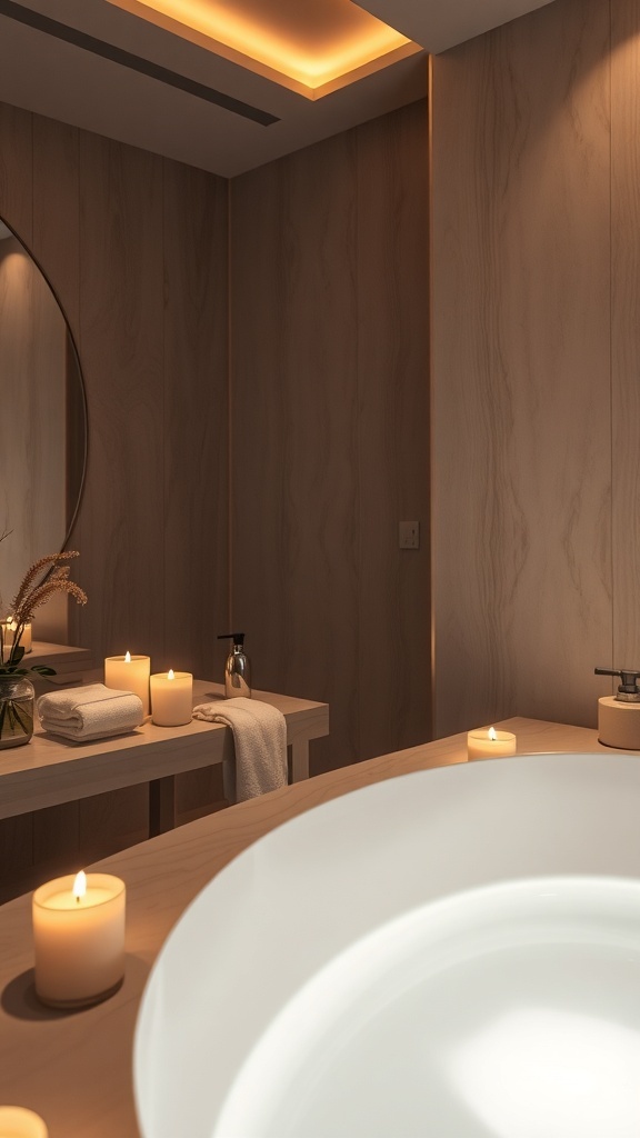 Luxuriöses Spa-Badezimmer mit sanfter Beleuchtung und großen Fenstern