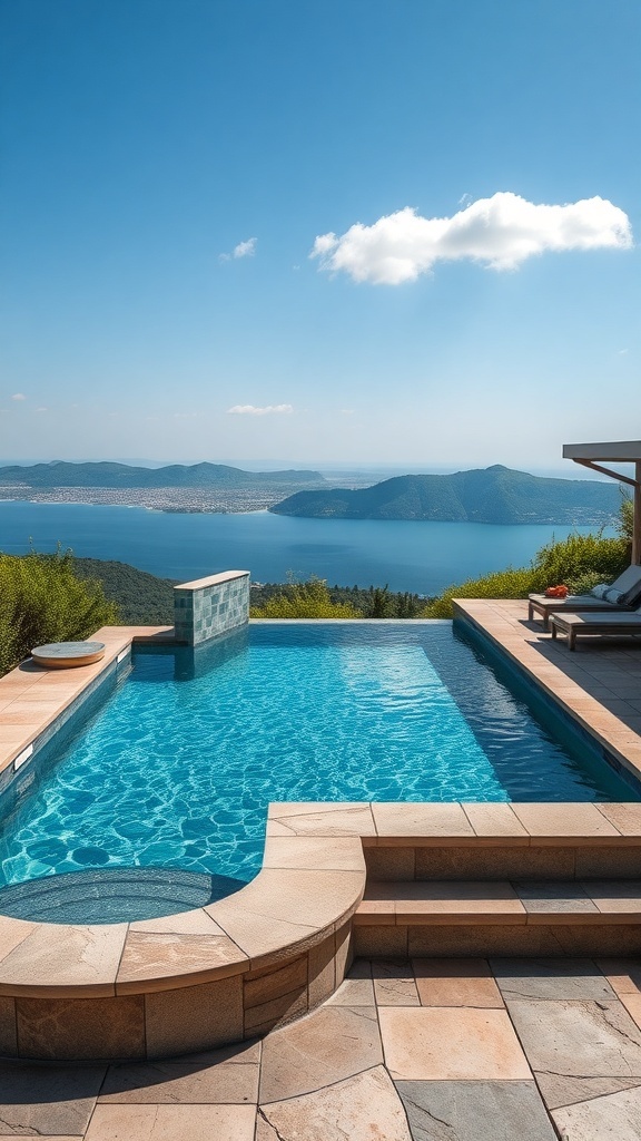 Ein Naturstein-Pool mit Blick auf eine malerische Landschaft und klarem Wasser.