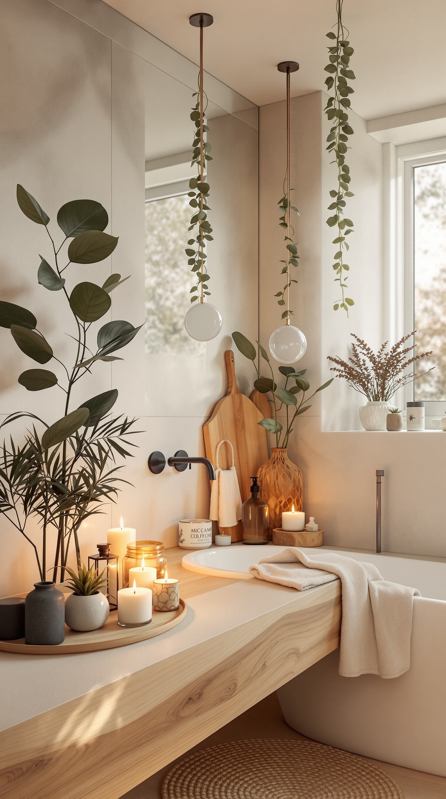 Ein helles und einladendes Badezimmer mit Pflanzen, einer Badewanne und Kerzen für Entspannung.