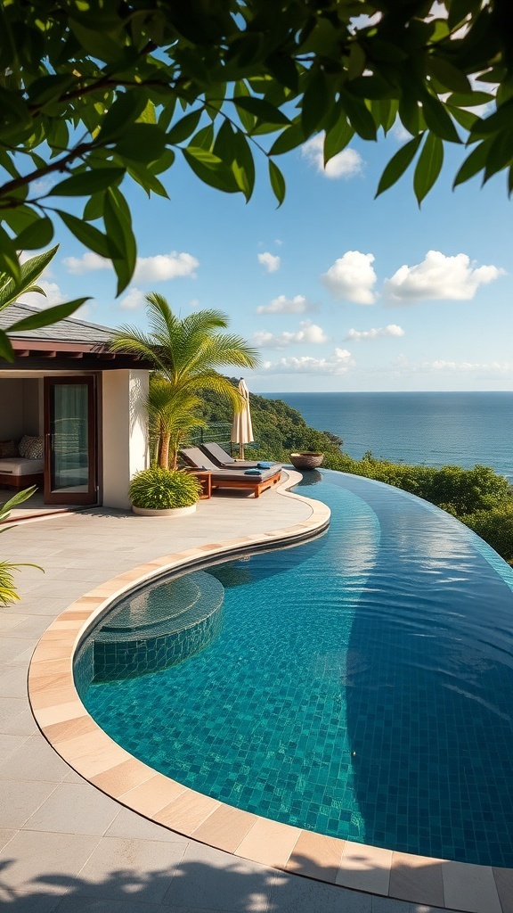 Ein schöner Vitality Pool mit Blick auf das Meer, umgeben von Pflanzen und Liegen.