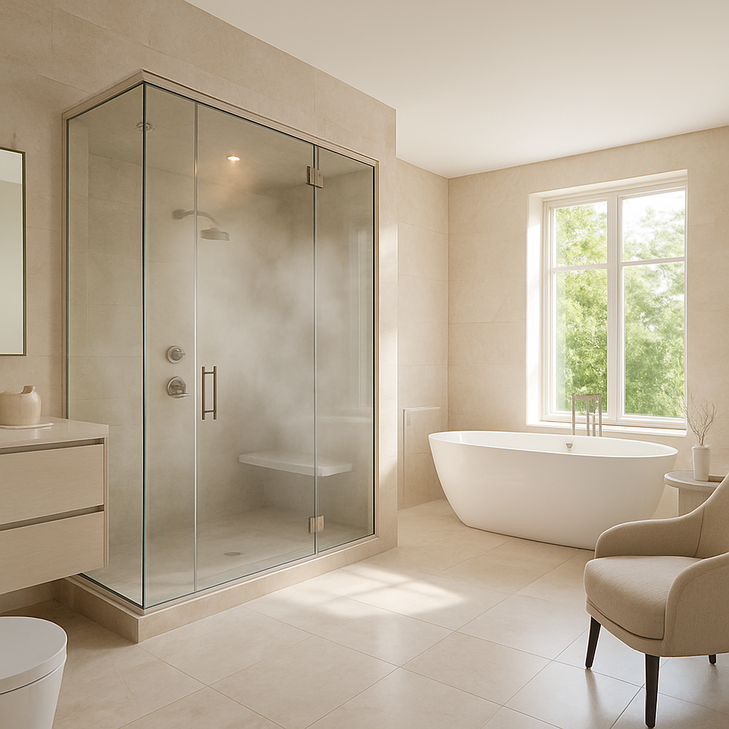 Modernes Badezimmer mit Dampfbad und Badewanne