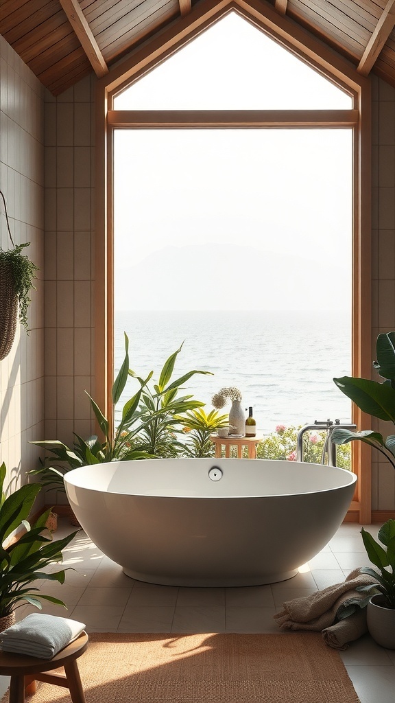 Luxuriöses Badezimmer mit freistehender Badewanne und Blick auf das Wasser