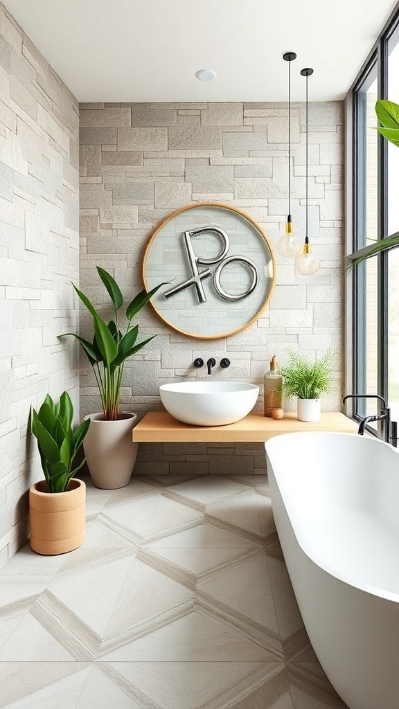 Modernes Badezimmer mit Natursteinwänden, Pflanzen und minimalistischen Sanitäranlagen