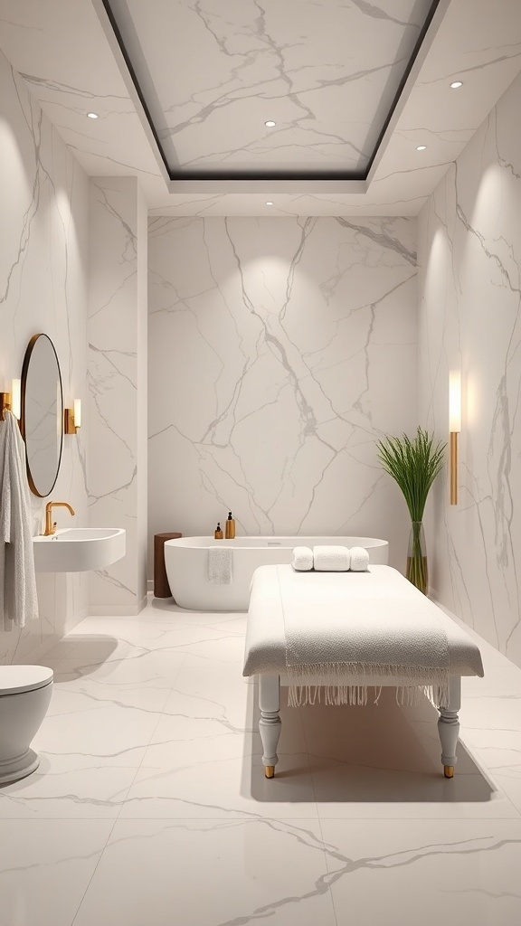 Luxuriöses Badezimmer mit Marmorwänden, Badewanne, Massagetisch und Pflanzen