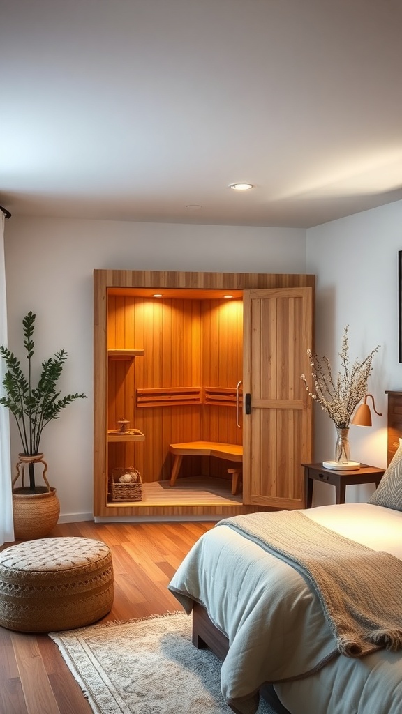 A cozy bedroom featuring a wooden sauna, a pouf, and decorative plants.