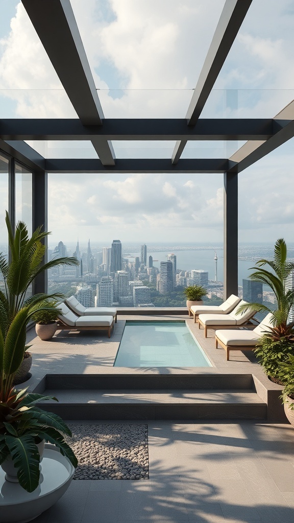 Luxuriöser Wellnessbereich mit Pool und Blick auf die Stadt