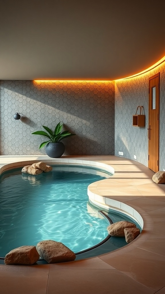 Ein stilvoller Wellnessbereich mit einem Naturpool, umgeben von Steinen und sanftem Licht.