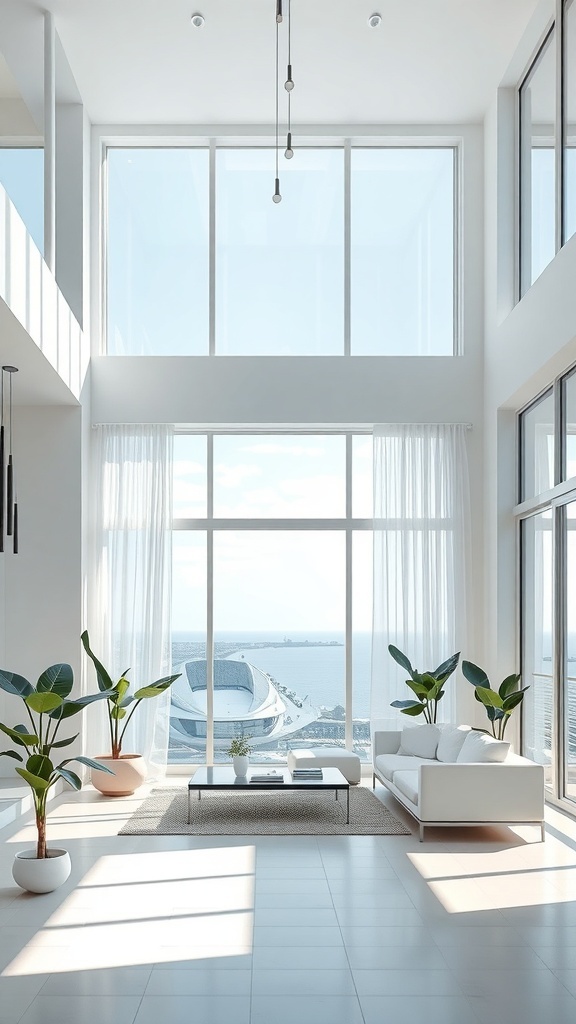 Helle, minimalistische Wohnlandschaft mit großen Fenstern und Pflanzenakzenten
