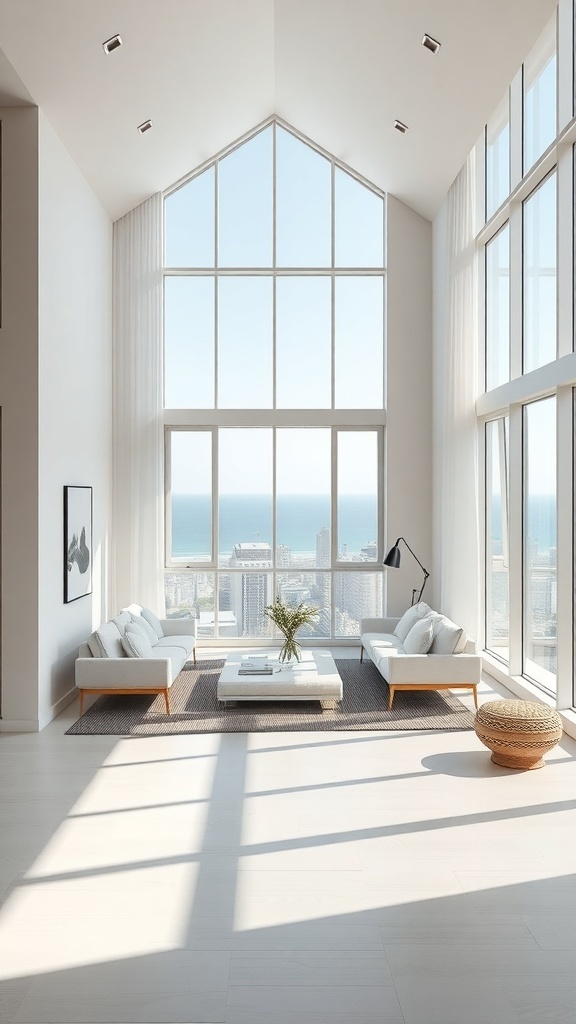 Minimalistischer Wohnraum mit großen Fenstern und Meerblick