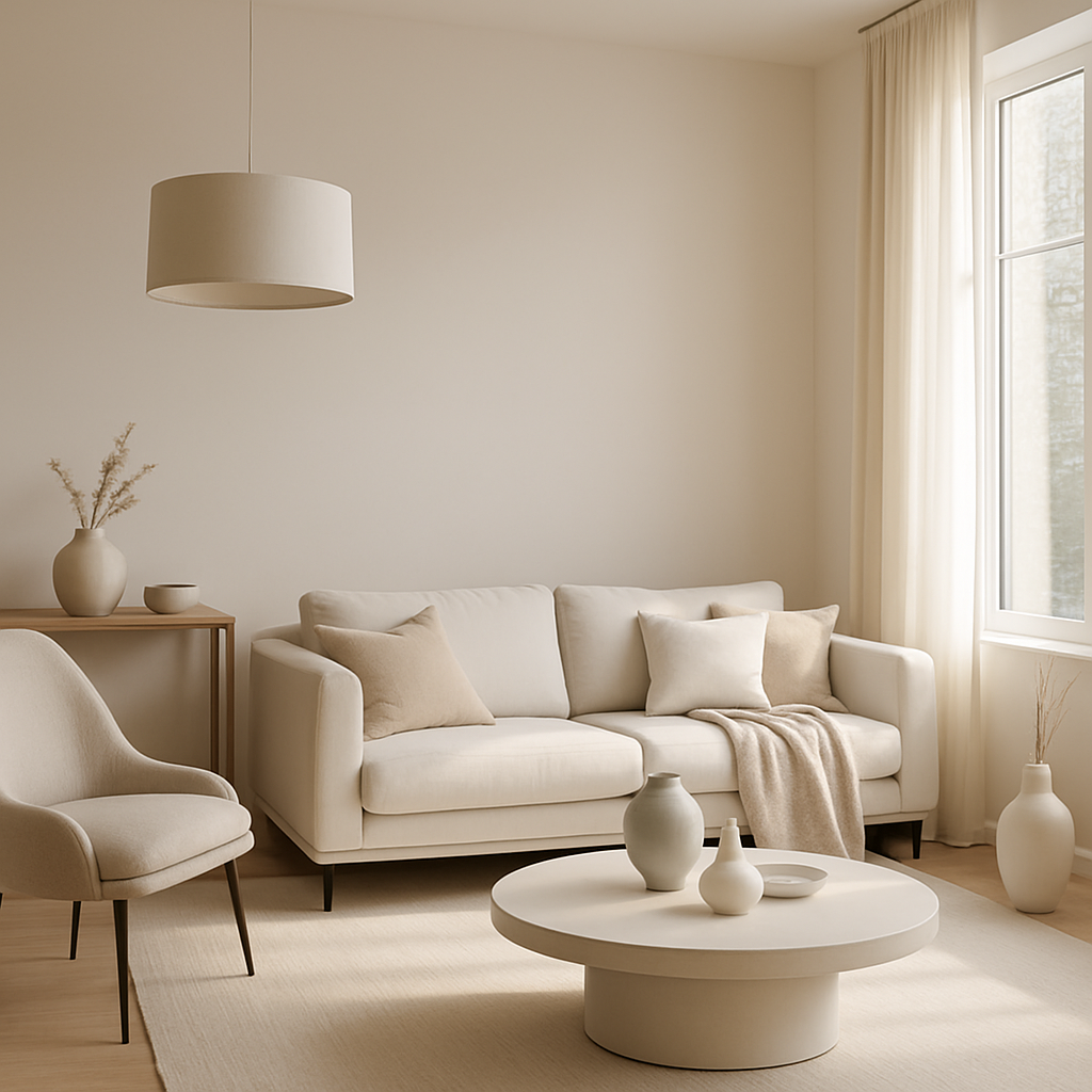 Minimalistisches Wohnzimmer mit neutralen Farben, hellem Sofa und stilvollen Vasen