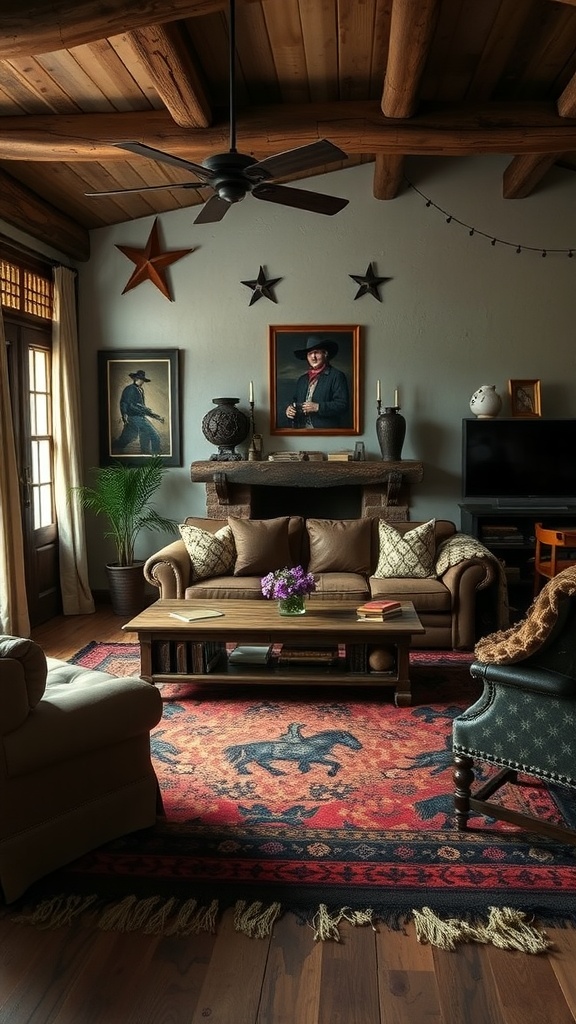 A cozy living room featuring a western-themed area rug with horse motifs, complemented by rustic furniture and decor.
