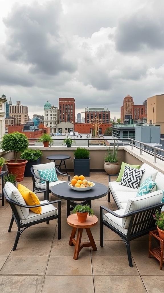 Gemütliche Dachterrasse mit wetterfesten Möbeln und Pflanzen