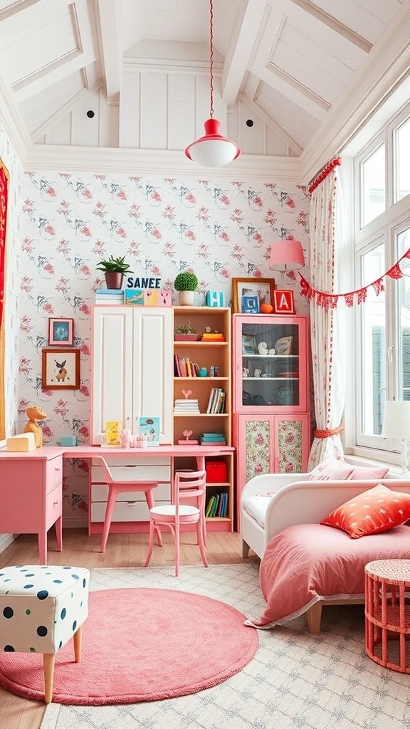 A colorful children's room featuring floral wallpaper, pink furniture, and playful accents.