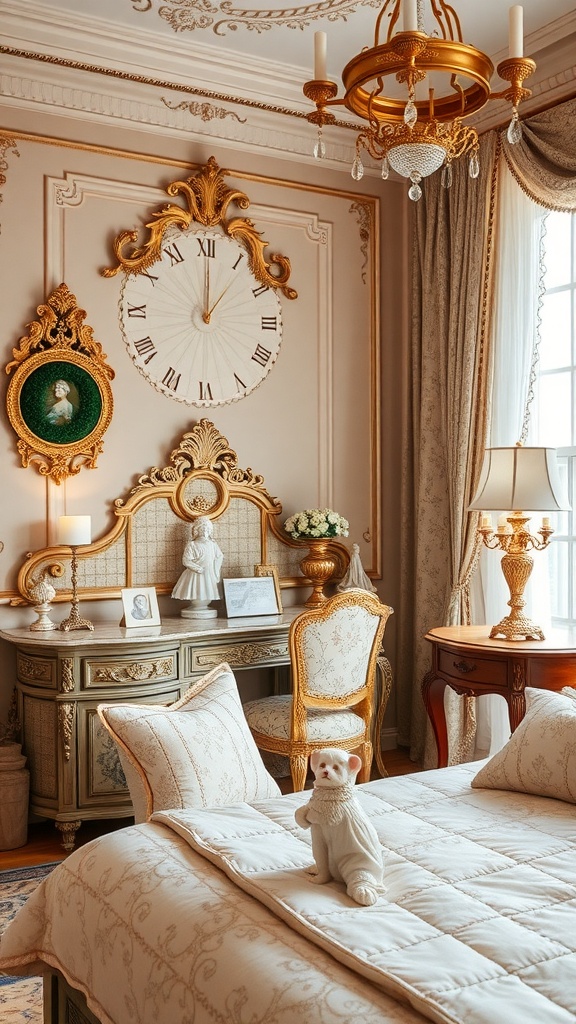 A beautifully decorated Rococo bedroom featuring vintage decor, ornate clock, and charming figurines.