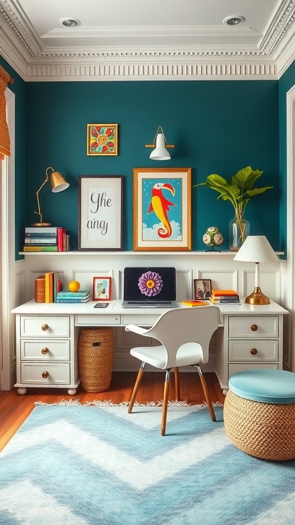 A colorful home office featuring a white desk, teal walls, and whimsical artwork.