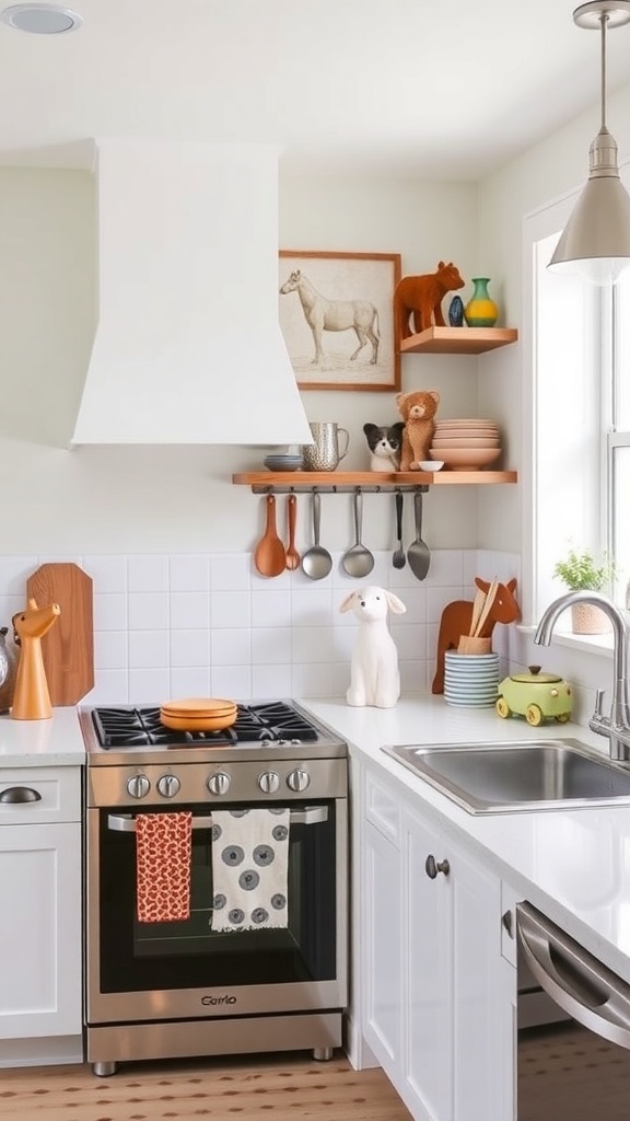 A bright kitchen featuring whimsical animal accents, including figurines and earthy pottery.