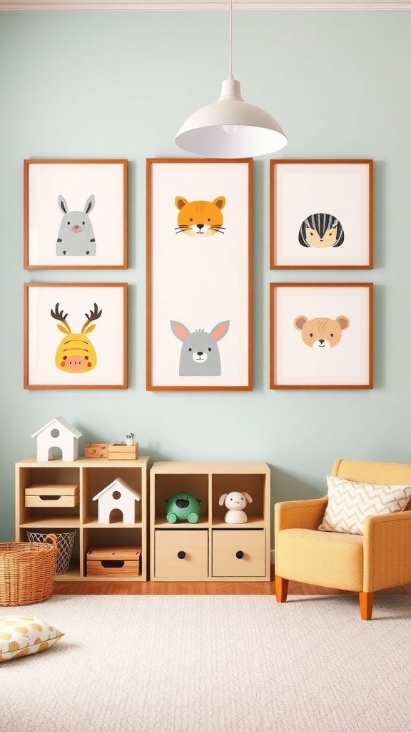 A collection of whimsical animal prints featuring a fox, bunny, deer, and bear, framed and displayed on a light blue wall.
