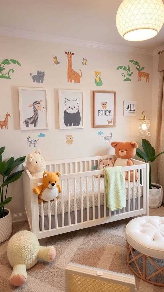 A cozy nursery with whimsical animal-themed decor, featuring a crib, plush toys, and colorful animal artwork on the walls.