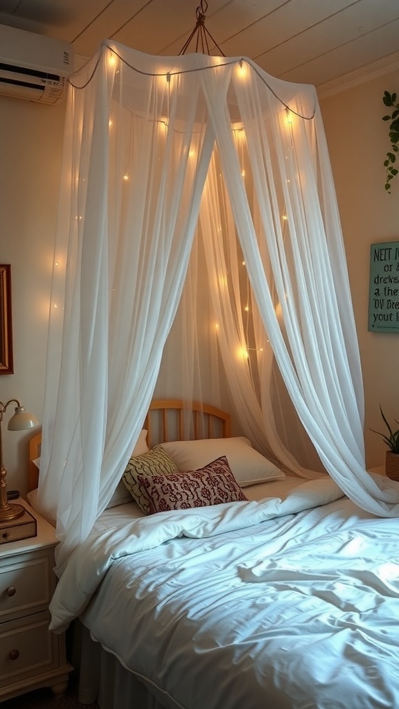 A cozy bed with a white canopy and fairy lights, creating a whimsical atmosphere.